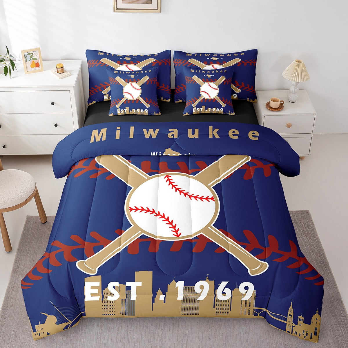 YST 7 Pcs Comforter Set Queen Size Boys Baseball Bed in a Bag with Flat Sheet and Fitted Sheet for Kids and Adults Sports Bedding Set with Pillowcase and Sham Milwaukee Walmart Business Supplies