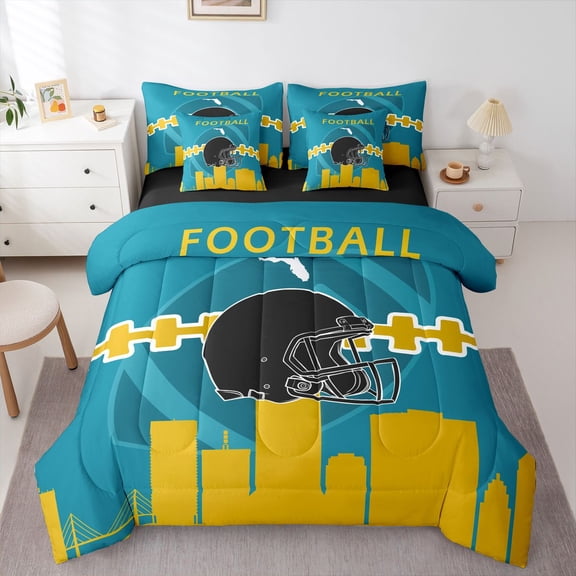 7 Pcs Comforter Set Queen Size,Football Bed in a Bag with Flat Sheet and Fitted Sheet and Adults,Football City Bedding Set with Pillowcase and Sham(Jacksonville)