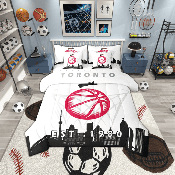 7 Pcs Comforter Set Queen Size, Basketball Bed in a Bag with Flat Sheet and Fitted Sheet and Adults,Sports Bedding Set with Pillowcase and Sham,Toronto