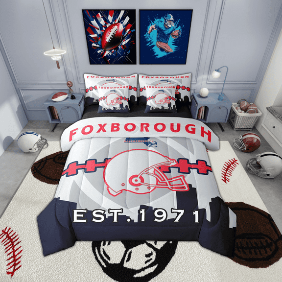 7 Pcs Comforter Set Twin Size,American Football Bed in a Bag with Flat Sheet and Fitted Sheet and Adults,Football Bedding Set with Pillowcase and Sham(Foxborough)