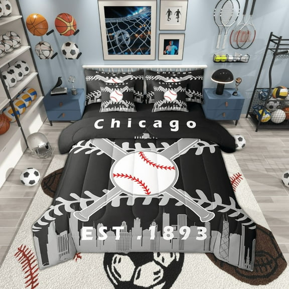 7 Pcs Comforter Set Twin Size,Baseball Bed in a Bag with Flat Sheet and Fitted Sheet and Adults,Baseball Player Bedding Set with Pillowcase and Sham(Chicago 2)
