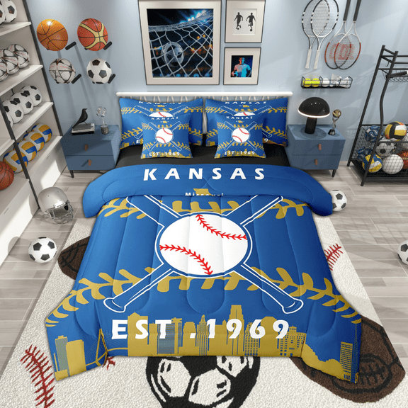 7 Pcs Comforter Set Twin Size,Baseball Fans Bed in a Bag with Flat Sheet and Fitted Sheet and Adults,Baseball Lovers Bedding Set with Pillowcase and Sham(Kansas)