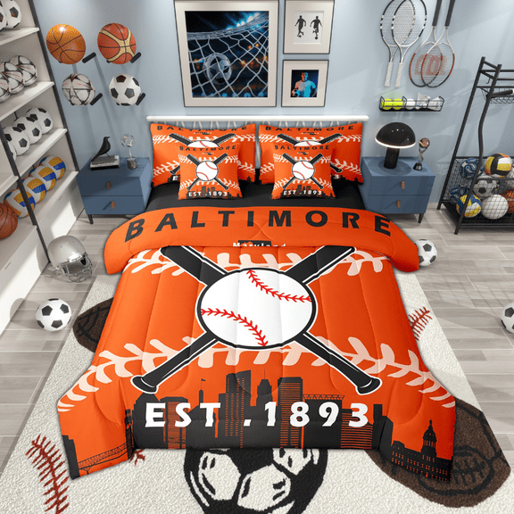 7 Pcs Comforter Set Twin Size,Baseball Fans Bed in a Bag with Flat Sheet and Fitted Sheet and Adults,Baseball Team Bedding Set with Pillowcase and Sham(Baltimore)