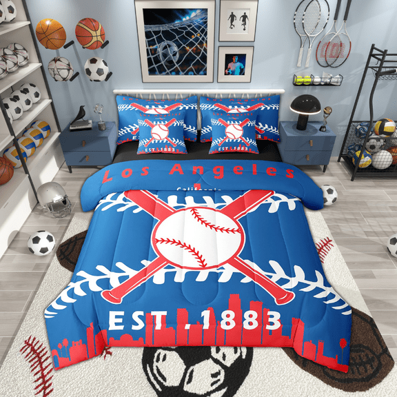 7 Pcs Comforter Set Twin Size,Baseball Player Bed in a Bag with Flat Sheet and Fitted Sheet and Adults,Sports Bedding Set with Pillowcase and Sham(Los Angeles 1)