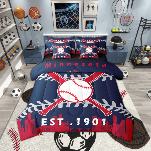 7 Pcs Comforter Set Twin Size,Baseball Team Bed in a Bag with Flat Sheet and Fitted Sheet and Adults,Baseball Bedding Set with Pillowcase and Sham(Minnesota)