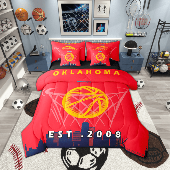 Erosebridal 7 Pcs Comforter Set Twin Size,Basketball Bed in a Bag with Flat Sheet and Fitted Sheet and Adults,Sports Bedding Set with Pillowcase and Sham,Oklahoma