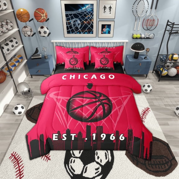 7 Pcs Comforter Set Twin Size,Basketball Bed in a Bag with Flat Sheet and Fitted Sheet and Adults,Sports Bedding Set with Pillowcase and Sham,Chicago