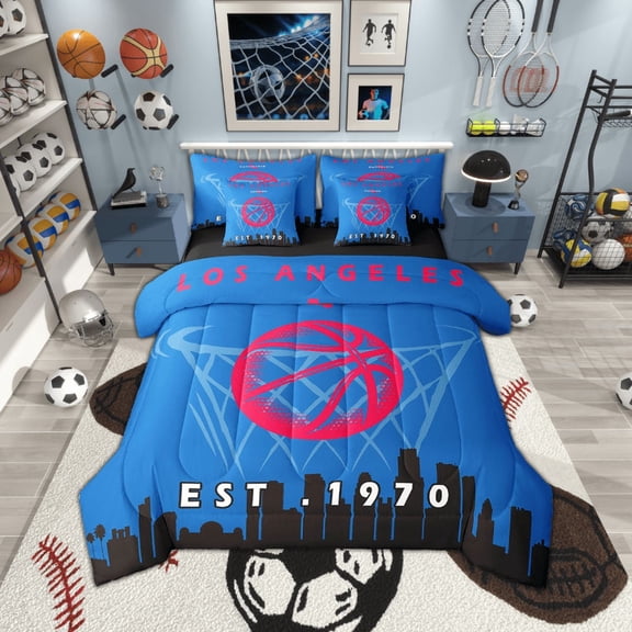 7 Pcs Comforter Set Twin Size,Basketball Bed in a Bag with Flat Sheet and Fitted Sheet and Adults,Sports Bedding Set with Pillowcase and Sham,Los Angeles