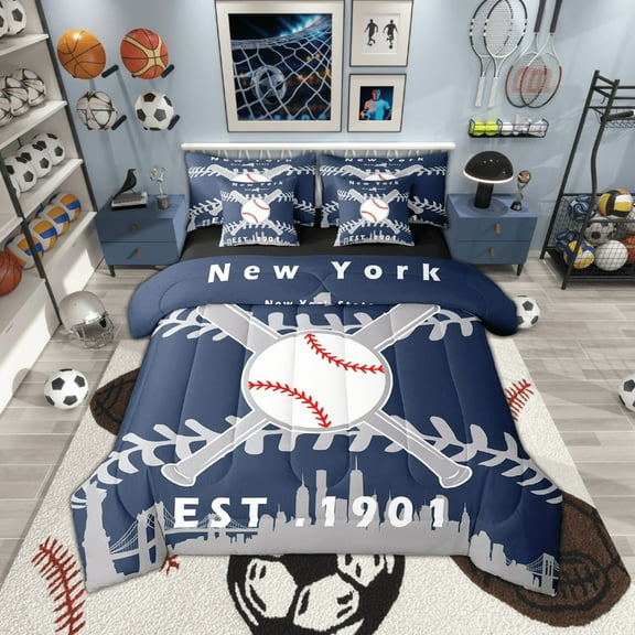 7 Pcs Comforter Set Twin Size, Baseball Bed in a Bag with Flat Sheet and Fitted Sheet and Adults,Baseball Bedding Set with Pillowcase and Sham(New York 2)