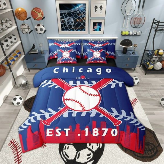 7 Pcs Comforter Set Twin Size, Sports Bed in a Bag with Flat Sheet and Fitted Sheet and Adults,Baseball Bat Ball Bedding Set with Pillowcase and Sham(Chicago 1)
