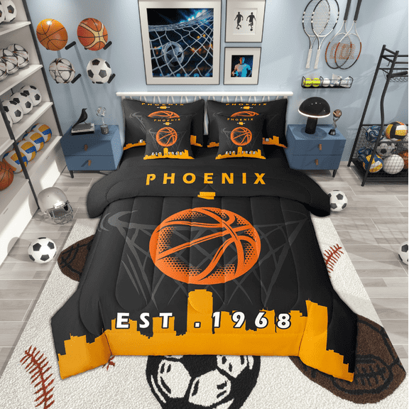 Erosebridal 7 Pcs Comforter Set Twin Size,Sports Bed in a Bag with Flat Sheet and Fitted Sheet and Adults,Basketball Bedding Set with Pillowcase and Sham,Phoenix