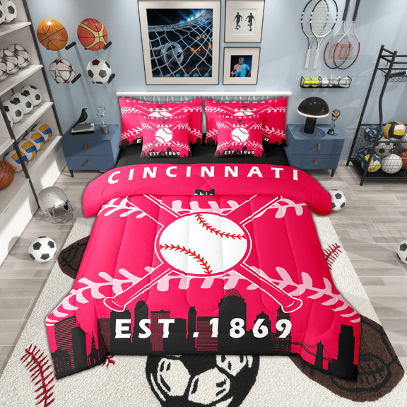 7 Pcs Comforter Set Twin Size,Sports Bed in a Bag with Flat Sheet and Fitted Sheet for Baseball Players,Baseball City Bedding Set with Pillowcase and Sham(Cincinnati)