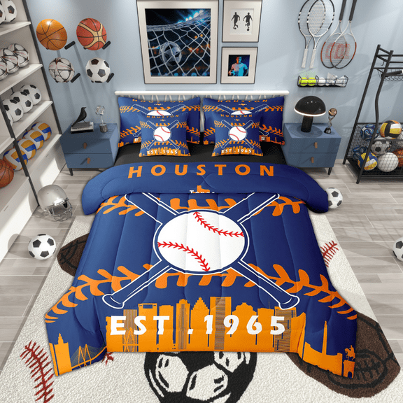 YST 7 Pcs Comforter Set Twin Size,Sports Bed in a Bag with Flat Sheet and Fitted Sheet for Kids and Adults,Baseball Players Bedding Set with Pillowcase and Sham(Houston)