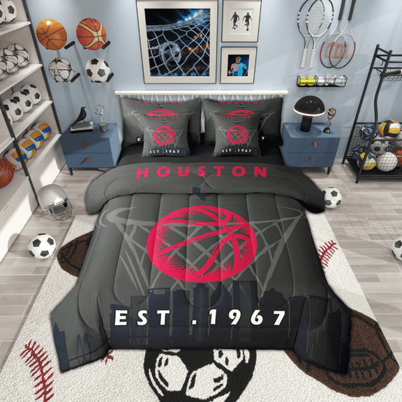 7 Pcs Comforter Set Twin Size,Sports Bed in a Bag with Flat Sheet and Fitted Sheet and Adults,Basketball Bedding Set with Pillowcase and Sham,Houston