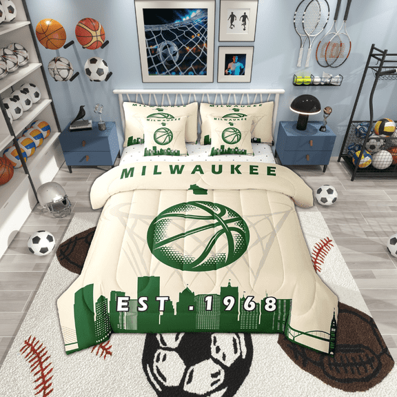 Erosebridal 7 Pcs Comforter Set Twin Size,Sports Bed in a Bag with Flat Sheet and Fitted Sheet and Adults,Basketball Bedding Set with Pillowcase and Sham,Milwaukee