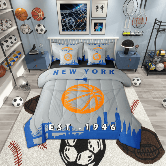 Erosebridal 7 Pcs Comforter Set Twin Size,Sports Bed in a Bag with Flat Sheet and Fitted Sheet and Adults,Basketball Bedding Set with Pillowcase and Sham,New York
