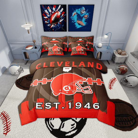 7 Pcs Comforter Set Twin Size,Sports Bed in a Bag with Flat Sheet and Fitted Sheet and Adults,Football Lovers Bedding Set with Pillowcase and Sham(Cleveland)