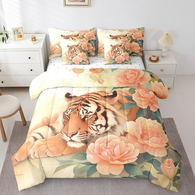 YST 7 Pcs Comforter Set Twin Size,Tiger Wildlife Bed in a Bag with Flat