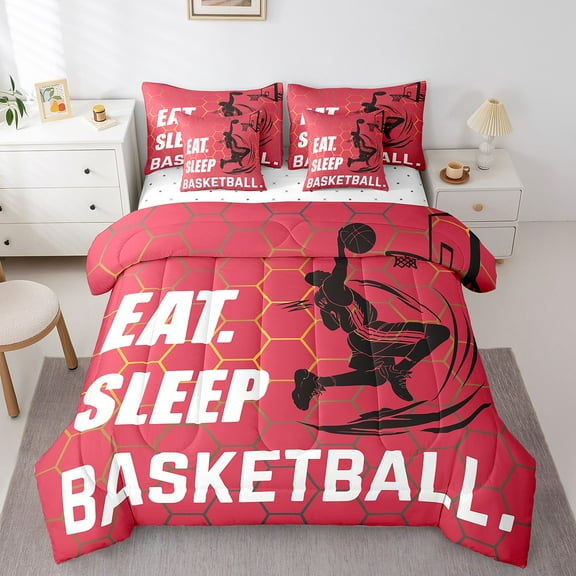 Erosebridal 7 Pcs Eat Sleep Basketball Comforter Set Full Size,Basketball Bed in a Bag with Flat Sheet and Fitted Sheet and Adults,Neon Honeycomb Bedding Set with Pillowcase and Sham