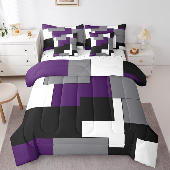 7 Pcs Geometric Comforter Set King Size,Square Bed in a Bag with Flat Sheet and Fitted Sheet and Adults,Purple Black White Abstract Art Bedding Set with Pillowcase and Sham