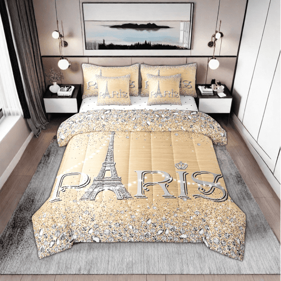 7 Pcs Golden Paris Comforter Set Full,Eiffel Tower Bed in A Bag ,Girly Sparkles Diamond Bedding Sets,(Not Real)Sequins Reversible Bed Sets with Sheet Set Bedroom Decor