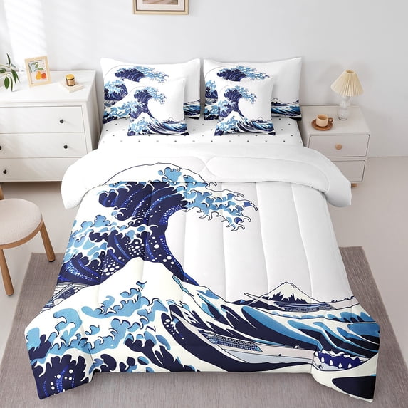 7 Pcs Japanese Style Comforter Set King Sea Ocean Waves Bedding Sets for Men Women Adults Japanese-Style Hand Drawn Quilt with Flat Fitted Sheet Illustration Ukiyoe themed Bed In A Bag
