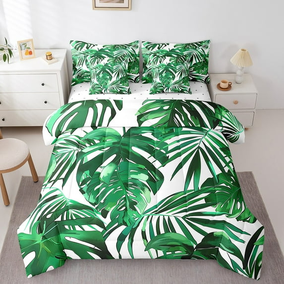 7 Pcs Palm Leaves Comforter Set King Monstera Banana Leaves Quilt with Flat Fitted Sheet for Women Men Hawaiian Tropical Leaves Bed In A Bag Watercolor Jungle Botanical Bedding Sets