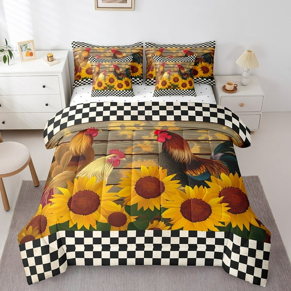 7 Pcs Rooster Comforter Set King Size,Rustic Chick Sunflower Bed in a Bag with Flat Sheet and Fitted Sheet and Adults,Farm Plaid Wooden Bedding Set with Pillowcase and Sham