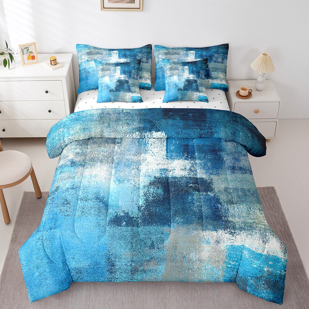 7 Pcs Turquoise and Grey Comforter Set Twin,Retro Teal Ombre Bedding ...