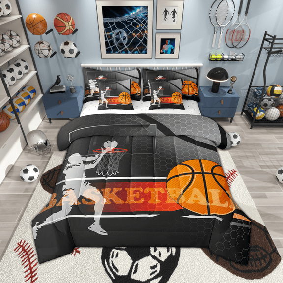 7 Piece Basketball Full Bedding Sets ,Honeycomb Geometric Bed in a Bag Sports Theme Room Decor,Ball Games Comforter Set with Fitted Sheet,Flat Sheet,Pillowcases & Shams