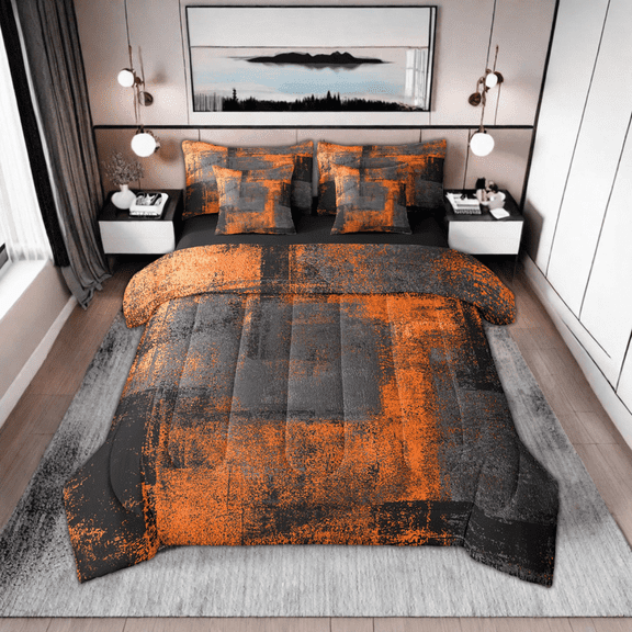 7 Piece Bed In A Bag Full Retro Black Dark Grey Orange Abstract Bedding Set With Sheets For Adults Men Grunge Ombre Graffiti Comforter Set Modern Oil Painting Art Bedding Comforter Sets