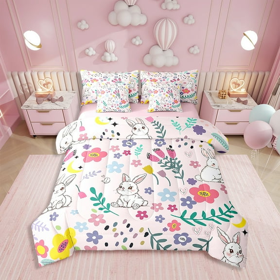 7 Piece Bed in a Bag Twin Size Comforter Set Floral Rabbit Bedding Set,Cute Bunny Animal Flower Reversible Design,Soft Microfiber Comforter with Sheet Set,All Season(Pink,Twin)