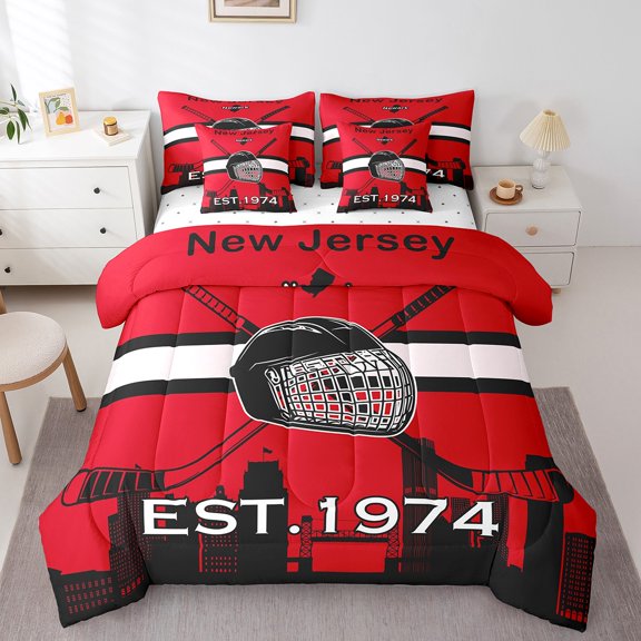 7 Piece Bed in a Bag Twin Size Comforter Set Ice Hockey Bedding Set,Hockey Reversible Design Bed Set,Winter Sports Soft Microfiber Comforter with Sheet Set,All Season,New Jersey