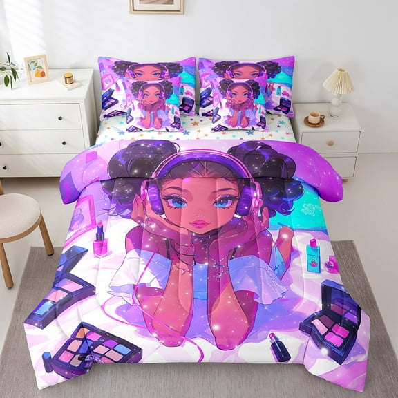 7 Piece Black Magical Bedding Set Queen Size American African Princess Comforter Set Reversible Colorful Stars Bed In A Bag For Teen Women Fashion Makeup Decor Bed Set