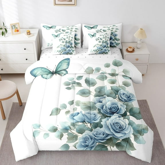 7 Piece Blue Rose Floral King Comforter Set with Sheets,Butterfly Flower Leaf Bedding Set,Green Leaves Botanical Plant Bed in a Bag Nature Themed Bed Set with Fitted Sheet,Flat Sheet