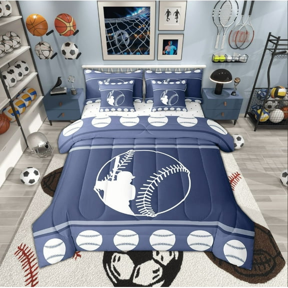 Erosebridal 7 Piece Baseball Twin Bed in a Bag,Navy Blue White Baseball Comforter Sets Sports Theme Room Decor,Ball Games Bedding Set with Fitted Sheet,Flat Sheet,Pillowcases & Shams