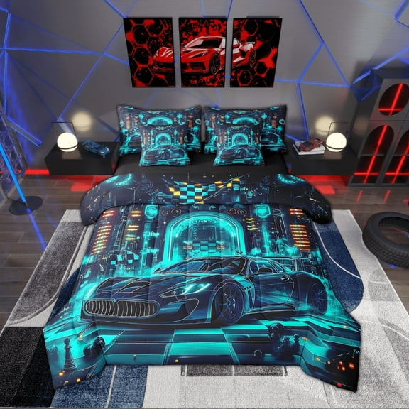 7 Piece Blue Race Car Comforter Set With Sheets Full Cool Sports Car Bed In A Bag Teen Car Racing Games Bedding Set Geometric Checkered Flag Bed Set Race Car Room Decor