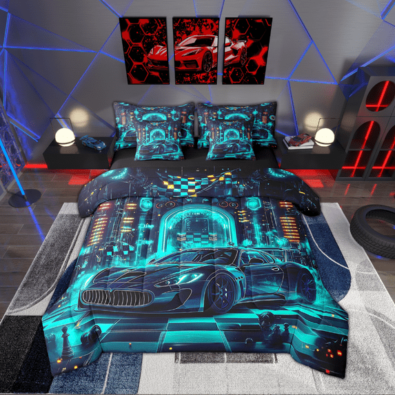 Erosebridal 7 Piece Blue Race Car Comforter Set With Sheets Twin Cool Sports Car Bed In A Bag Teen Car Racing Games Bedding Set Geometric Checkered Flag Bed Set Race Car Room Decor