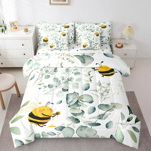 7-Piece Cartoon Wildlife Bedding Queen Kawaii Bee Comforter Set, Honey Bee Bedding Comforter Sets Wild Animal Bed in a Bag, Botanical Green Eucalyptus Bedding Accessories