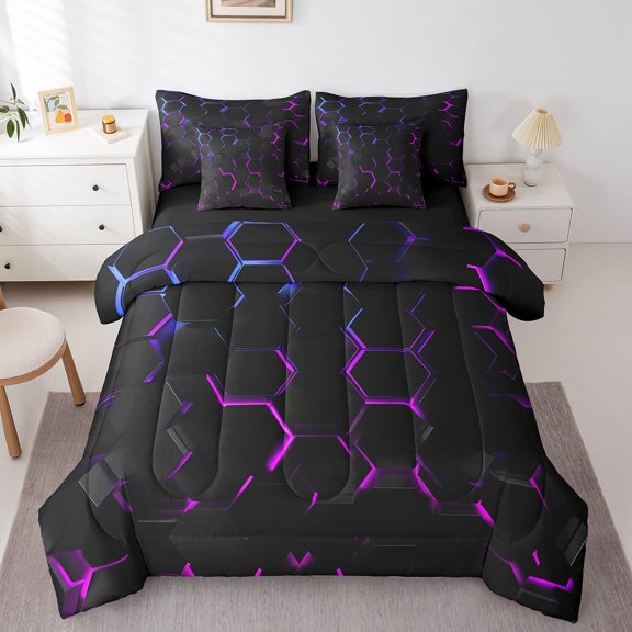 7 Piece Hexagonal Bedding Set Queen 3D Geometric Honeycomb Comforter Set With Sheets Teen Black Blue Purple Ombre Beehive Bed in a bag Neon Light Geometrical Bed Set