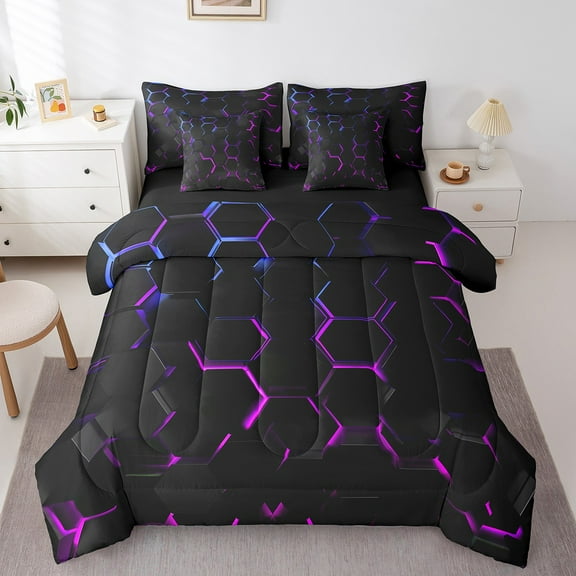 7 Piece Hexagonal Bedding Set Twin 3D Geometric Honeycomb Comforter Set With Sheets Teen Black Blue Purple Ombre Beehive Bed in a bag Neon Light Geometrical Bed Set