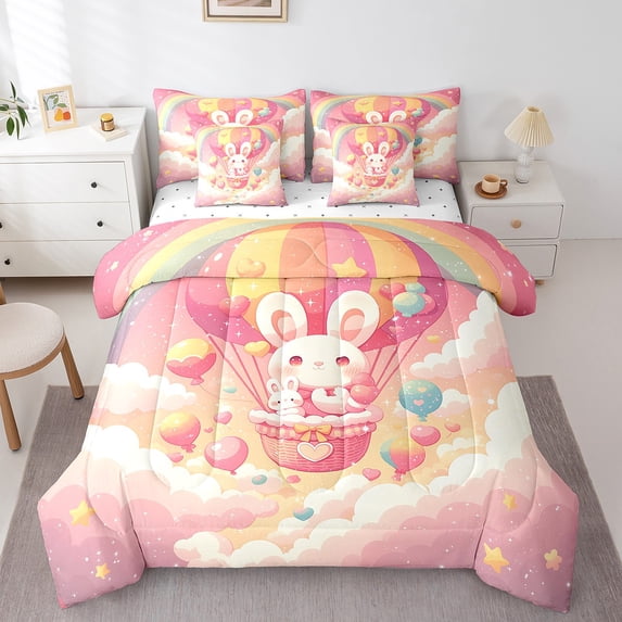 Erosebridal 7 Piece Bunny Full Comforter Set,Cute Rainbow Rabbit Bedding Set with Sheets Hot Air Balloon Pink Room Decor,Pet Lovers Gifts Animal Bed in a Bag with Pillowcases & Shams
