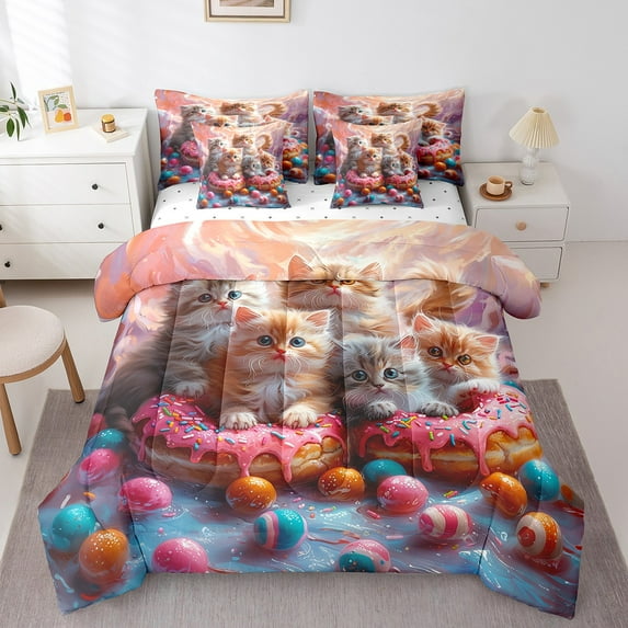 7 Piece Cat Comforter Set Full ,Colorful Candy Donut Dessert Bed in a Bag with Sheets,Pink Room Decor Pet Lovers Gifts,Cute Animal Cats Bedding Set with Pillowcases & Shams
