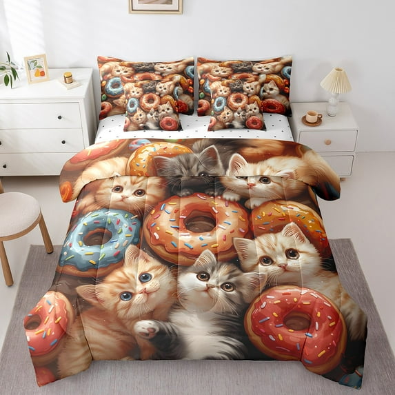 Erosebridal 7 Piece Cat King Bedding Sets,Colorful Dessert Donut Comforter Set with Sheets,Kawaii Room Decor Cute Gifts for Pet Lovers,Animal Cats Bed in a Bag with Pillowcases & Shams