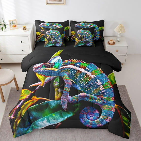 Erosebridal 7 Piece Chameleon Comforter Set Queen Colorful Lizard Bed In A Bag Wildlife Sheet Set Adults,Jungle Leaves Animal Bedding Set Reversible Black Bed Set