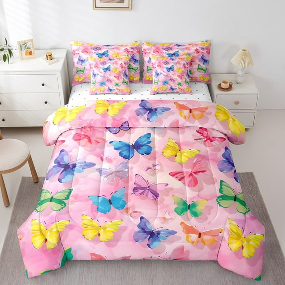 7 Piece Colorful Butterfly Bed Set Queen Size Rainbow Tie Dye Butterflies Bed In A Bag Kawaii Wildlife Animals Bedding Retro Aesthetic Comforter Set Women Adults with Sheet