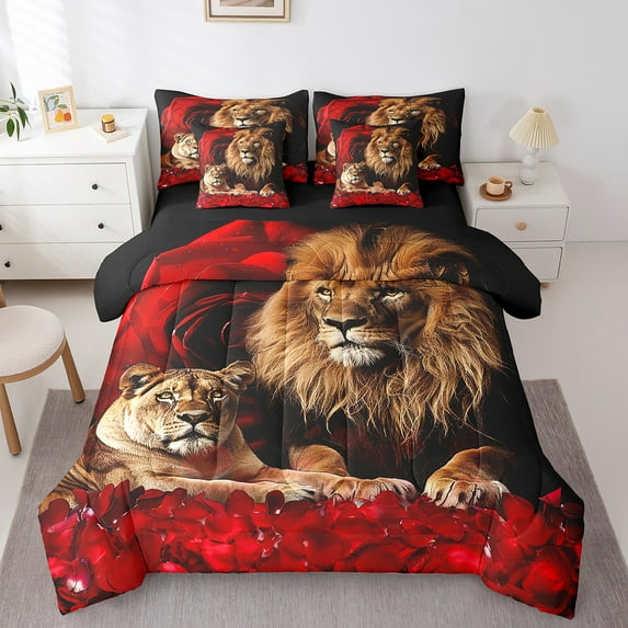 Erosebridal 7 Piece Couple Lion Comforter Set Full Size,Romantic Rose Flower Bed In A Bag Adults,African Safari Animal Bedding Set Wildlife Bed Sheets With Comforter