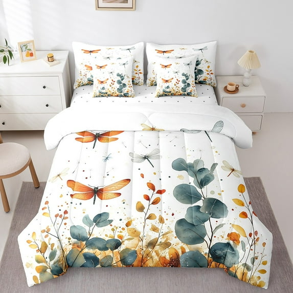 7 Piece Dragonfly Twin Bed in a Bag with Sheets,Nature Theme Wildlife Animal Bedding Set Adults,Botanical Plant Green Leaf Bed Set with Fitted Sheet,Flat Sheet,Pillowcases