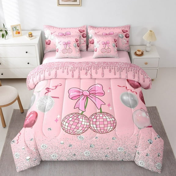 YST 7-Piece Girls Pink Disco Ball Bedding Set Full Size Pink Bow Comforter Set Romantic Pink Balloons Comforter + Flat Sheet + Fitted Sheet + 2 Pillowcases + 2 Throw Pillow Covers