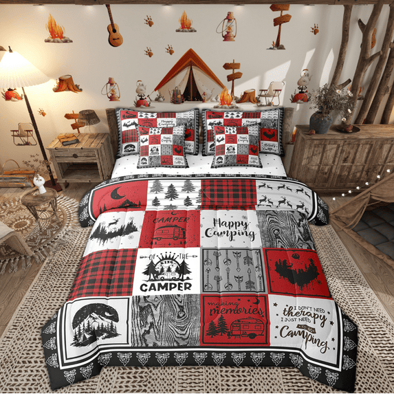 7 Piece Happy Camping Bedding Set Full Adults,Rv Camper Comforter Set for Bunk Travel Trailers,Red Black Buffalo Plaid Bed in a Bag with Sheets,Rustic Cabin Patchwork Bed Set